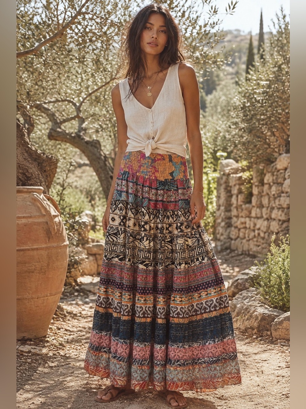 Vintage-Inspired Multicolor Tiered Maxi Skirt - Women's
